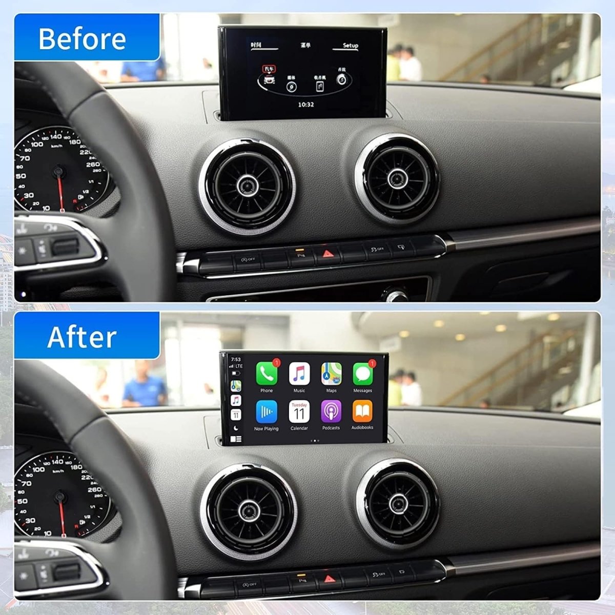 TOPTAKTILKit Rétrofit CarPlay & Android Auto Sans Fil pour Audi A3/A5/S3 (2010–2018) – Navigation, Musique, Caméra, Mirroring