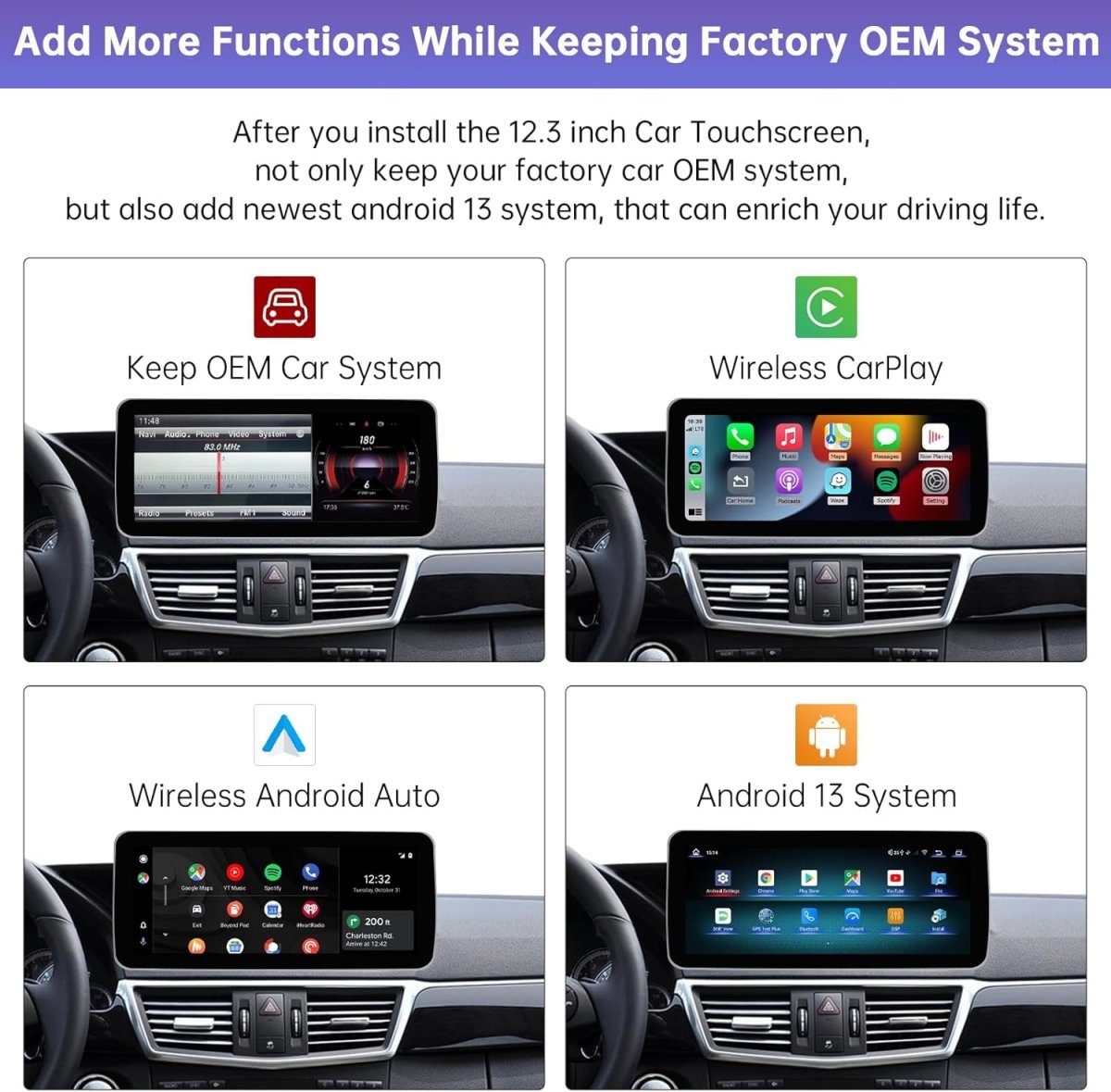 TOPTAKTILÉcran tactile 12.3" Android 13 pour Mercedes Classe E W212 (2009 - 2014) | Wireless CarPlay, Android Auto, GPSÀ domicile