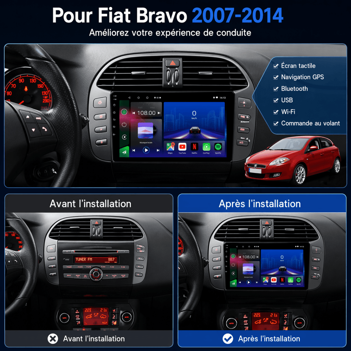 TOPTAKTILFiat Bravo | 2007 - 2014 | Autoradio Android 15 | CarPlay |Android Auto