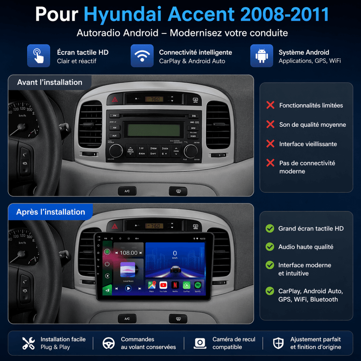 TOPTAKTILHyundai Accent | 2008 - 2011 | Autoradio Android 15 | Carplay et Android Auto