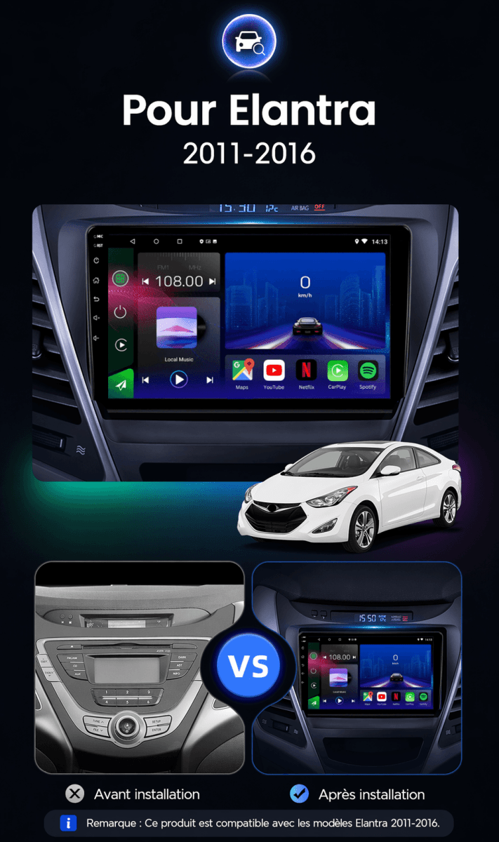 TOPTAKTILHyundai Elantra, Avante, I35 | 2011 - 2016| Android 15 | CarPlay | Bluetooth | GPS Intégré